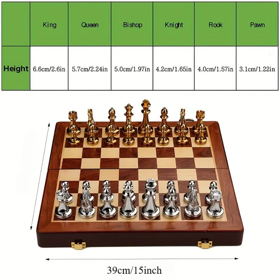 39cm Luxury Solid Wood Chess Set  Weighted Zinc Alloy Pieces, Folds for Easy Storage, Perfect Holiday Gift for Halloween Thanks