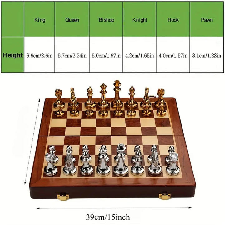 39cm Luxury Solid Wood Chess Set  Weighted Zinc Alloy Pieces, Folds for Easy Storage, Perfect Holiday Gift for Halloween Thanks