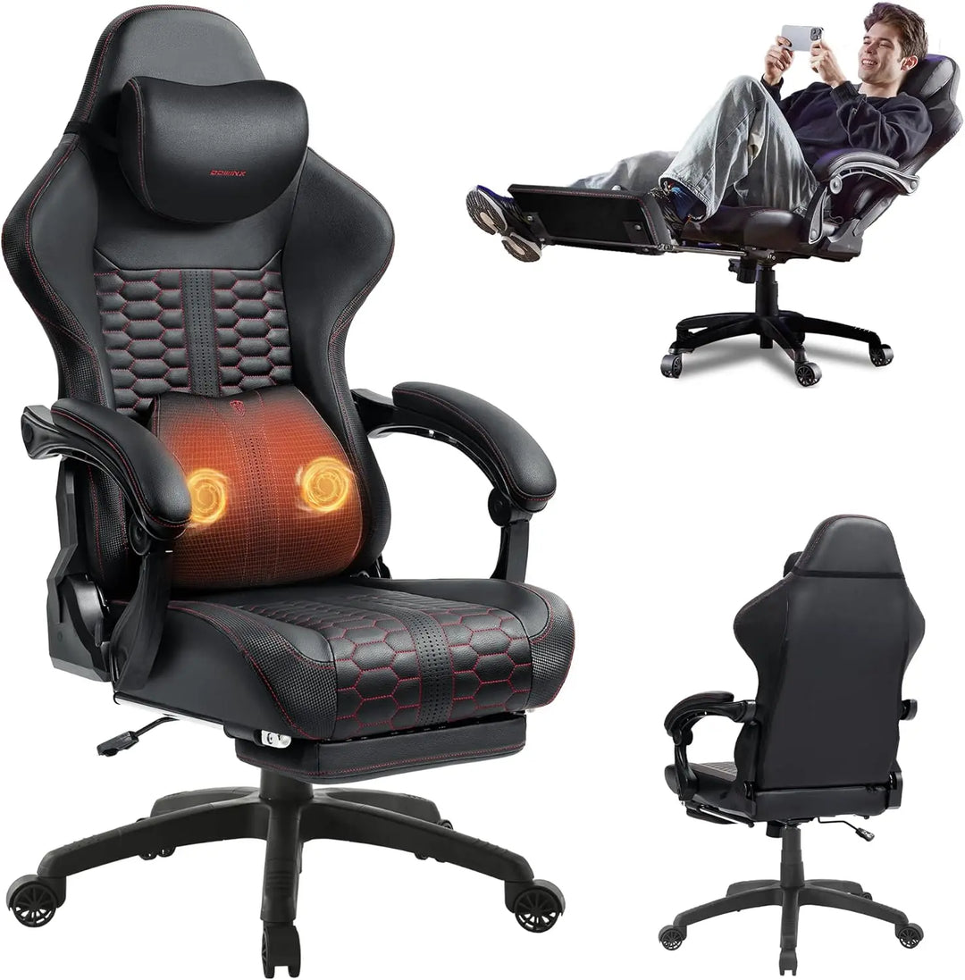 Gaming Chair for Adults with Dual-Point Massage, Ergonomic Racing Style Game Chair Footrest, High Back Computer Chair