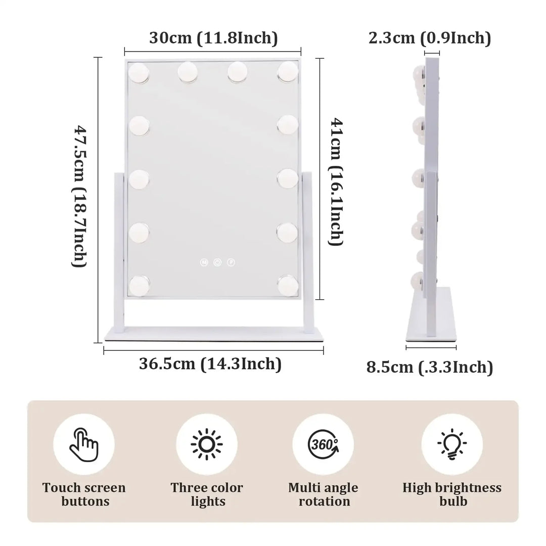 Tabletop Vanity Mirror with 12 LED Bulbs with 3 Color Lighting Modes, Bedroom, Bathroom Vanity Mirror, Touch Controls