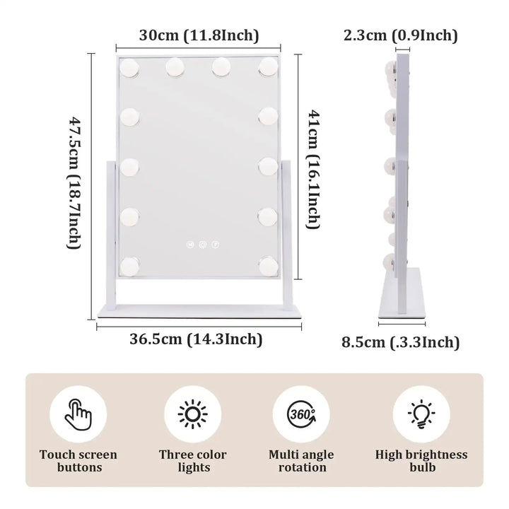Tabletop Vanity Mirror with 12 LED Bulbs with 3 Color Lighting Modes, Bedroom, Bathroom Vanity Mirror, Touch Controls