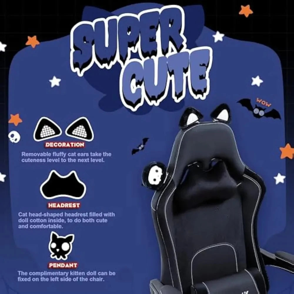 Gaming Chair Cute with Cat Ears and Massage Lumbar Support, Ergonomic Computer Chairs with Footrest and Headrest, Gaming Chair