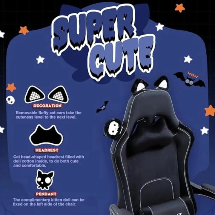 Gaming Chair Cute with Cat Ears and Massage Lumbar Support, Ergonomic Computer Chairs with Footrest and Headrest, Gaming Chair