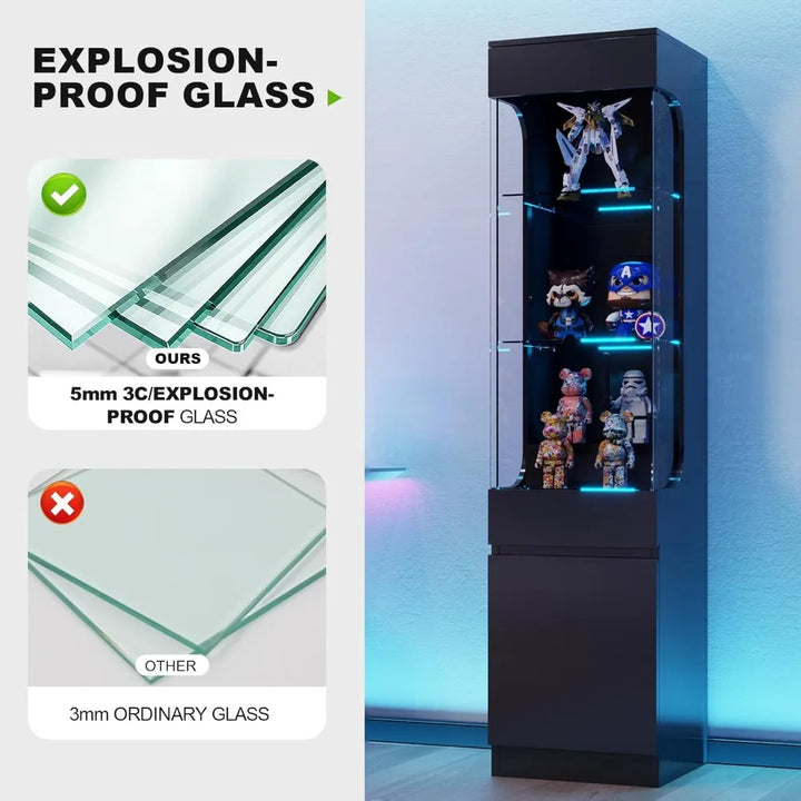 Curio Display Cabinet with Glass Door, 3-Tier Display Case with 7 Color Led Lights, 70.87'' Lighted Curio Cabinet for Collectibl