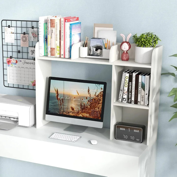 Desktop Bookshelf, Countertop Storage Hutch with 5 Shelves for Computer Desk, Desk 3-Tier Display Rack, Multipurpose Wood Deskt