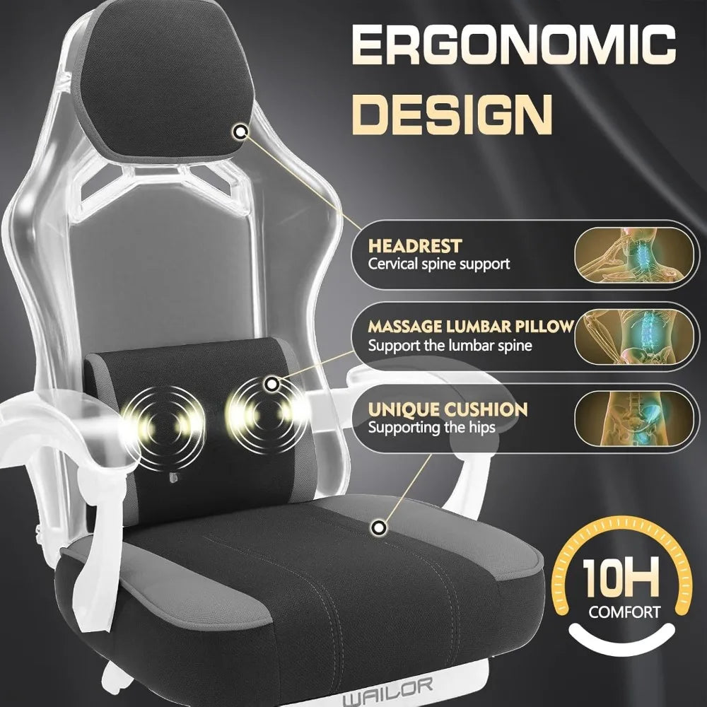 400lbs Breathable Fabric Big and Tall Gaming Chair with Massage and Foot Rest,Gamer Chairs for Adults with Pocket Spring