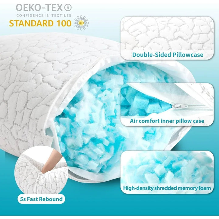 Cooling Pillows for Sleeping 2 Pack, Adjustable Shredded Memory Foam Pillows Queen Size, Firm Bed Pillows for Side, Back, Stomac