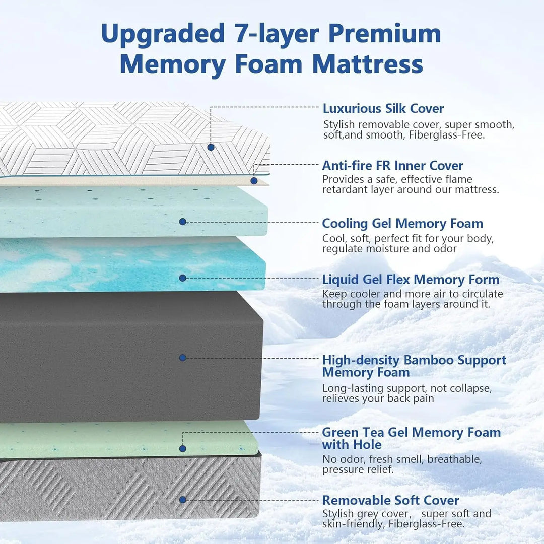 14 Inch Extra Firm Hybrid Mattress - Cooling Green Tea & Gel Memory Foam with Ice Silk Cover, Orthopedic Support