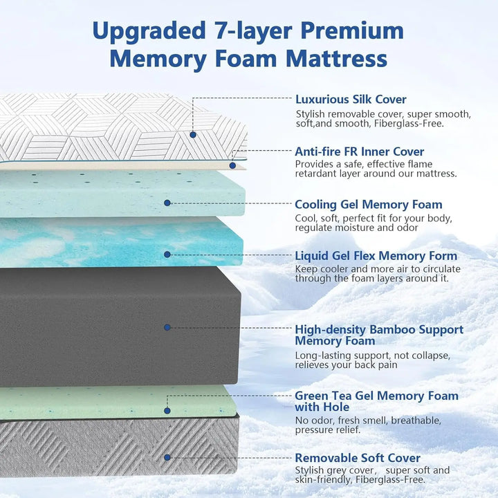 14 Inch Extra Firm Hybrid Mattress - Cooling Green Tea & Gel Memory Foam with Ice Silk Cover, Orthopedic Support