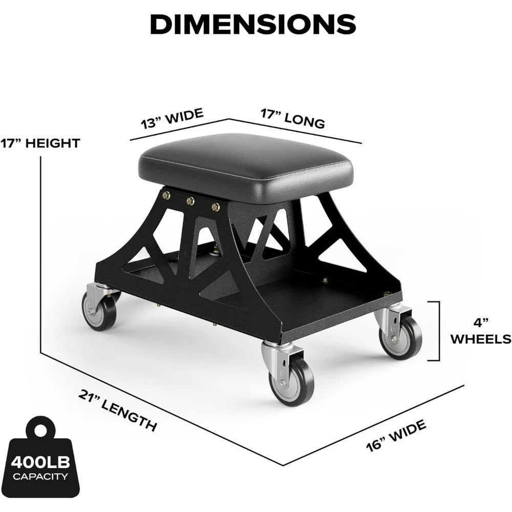 Garage Stool w/Removable Seat for Mechanics,Automotive, DIY,400 lb Capacity Rolling Shop Chair,Black Seat, Blue Frame
