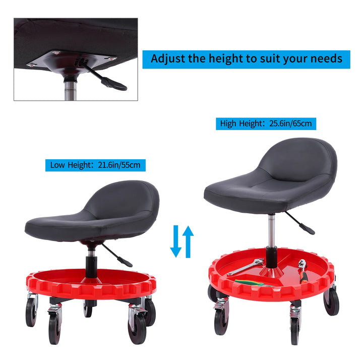 220 LBS Rolling Garage Stool Adjustable Height Mobile Rolling Gear Seat Round Tray Garage Pneumatic Stool