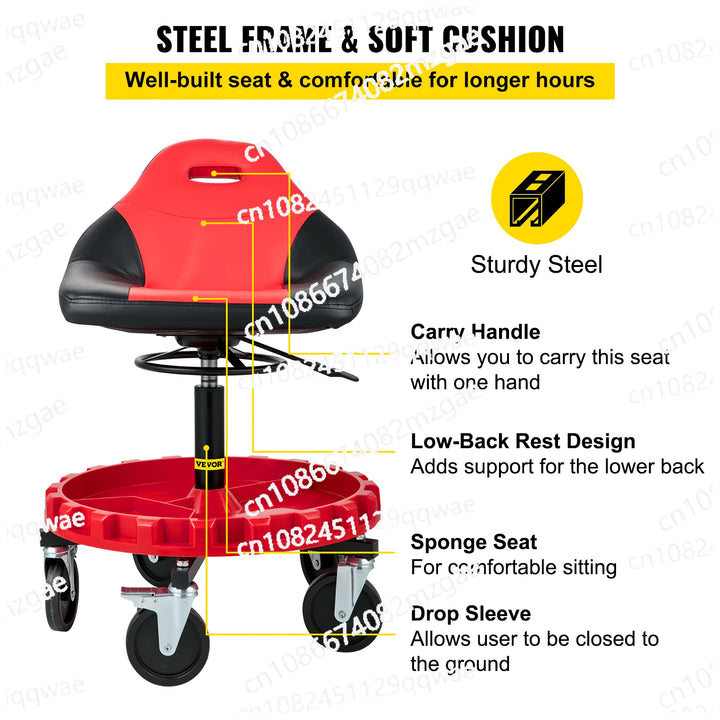 Rolling Garage Stool 300LBS Capacity 21"-26" Adjustable Height Range Mechanic Seat with Swivel Casters and Tool Tray