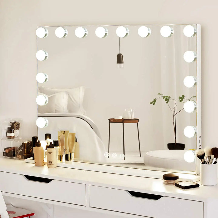 Large Hollywood Makeup Mirror 18 LED Bulbs Vanity Mirror with Protective Power Outlet USB Charging Port 3 Color Lighting Modes