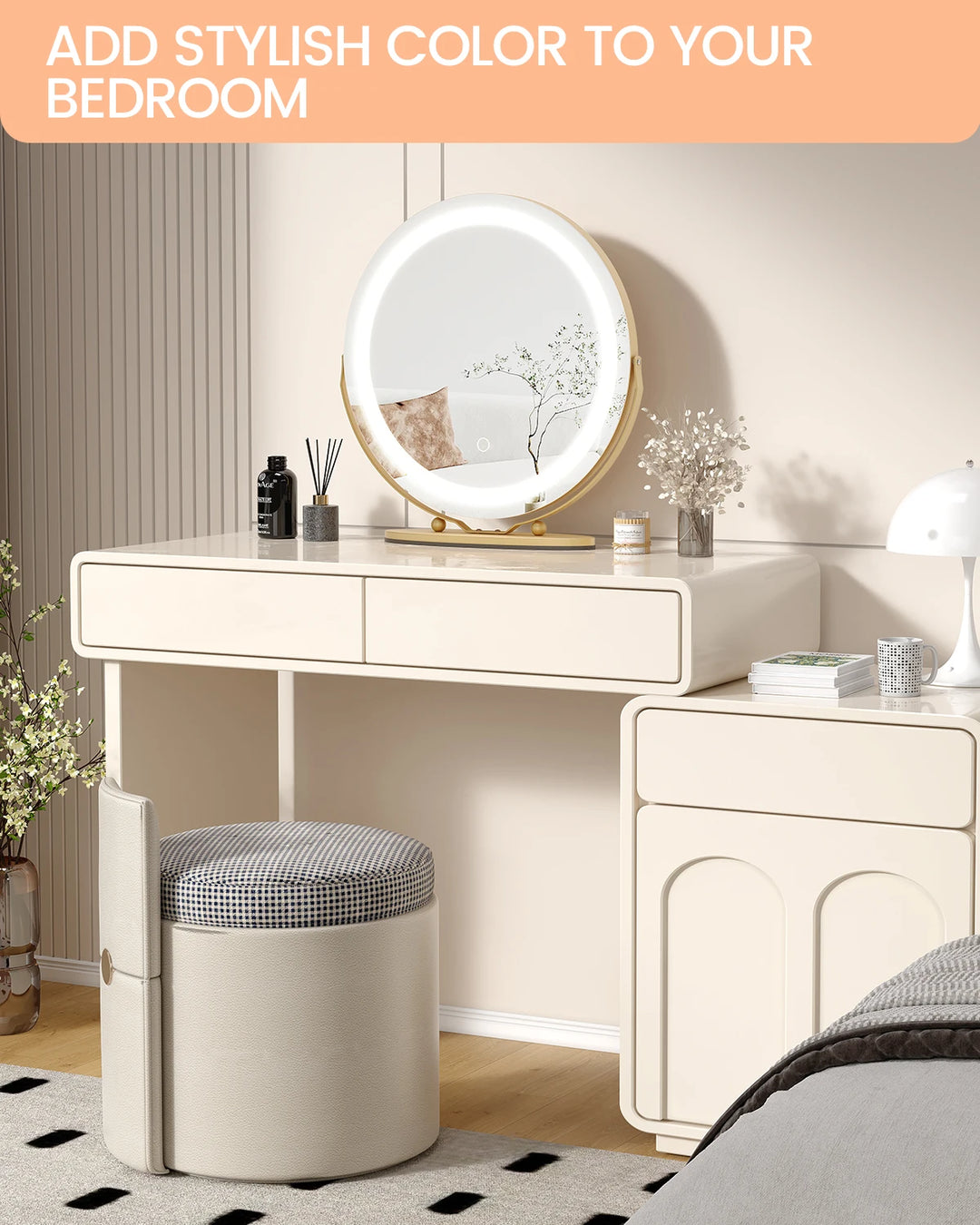 19 Inch Large Round Vanity Mirror with Lights LED Makeup Mirror Touch Control 3 Colors Lighting Dimmable for Bedroom Tabletop