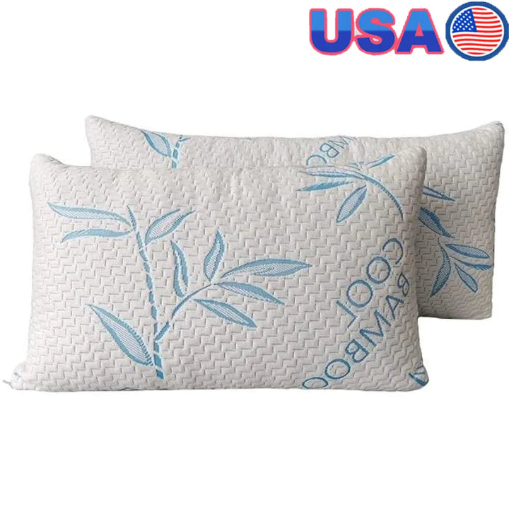 Queen Size 2 Pack Adjustable Bamboo Rayon Cooling Pillows Shredded Memory Foam Hypoallergenic Support Side Back Stomach Sleepers