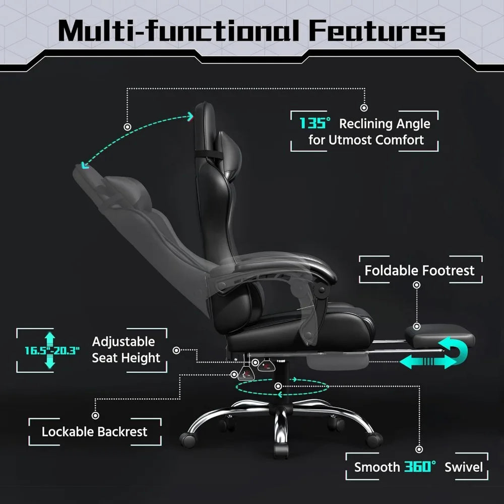 Gaming Chair, Video Game Chair with Massage Lumbar Support and Footrest Height Adjustable Ergonomic Computer Chair with Swivel