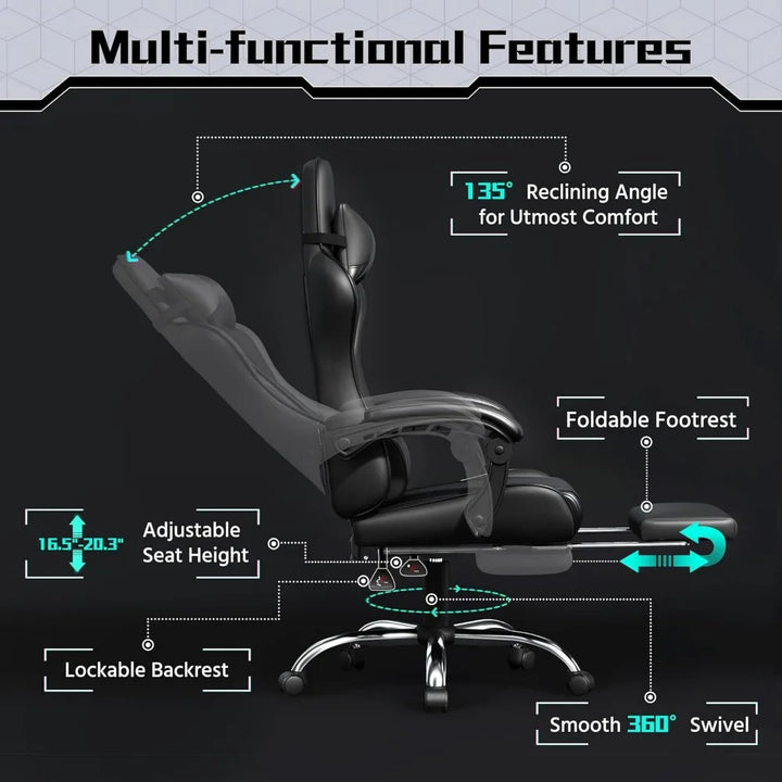 Gaming Chair, Video Game Chair with Massage Lumbar Support and Footrest Height Adjustable Ergonomic Computer Chair with Swivel