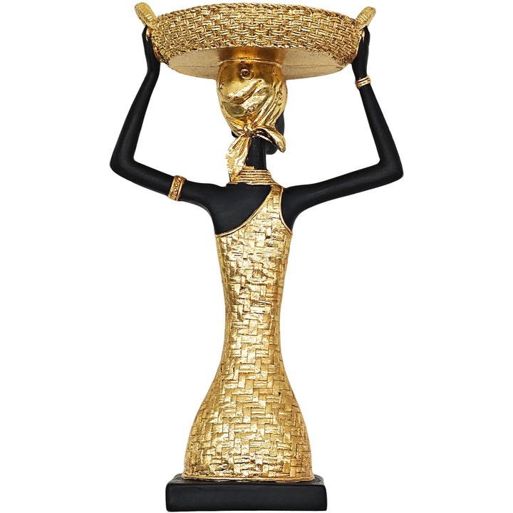 African Art Statue - 11.3" Figure Sculpture with Storage Tray,African Gold Lady Home Decor,for Living Room Figurines Decorations