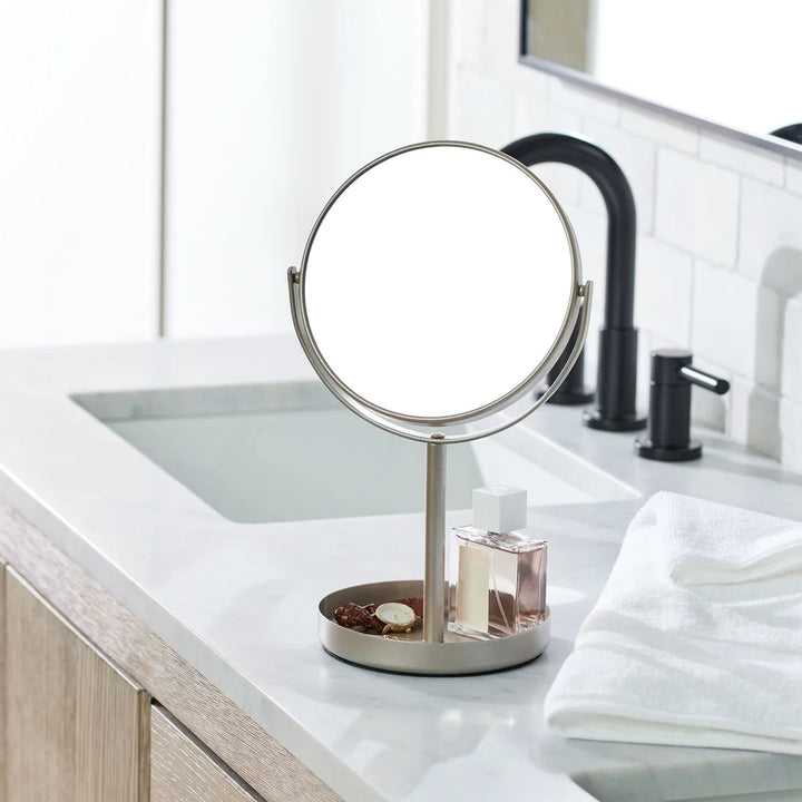 Satin Nickel Dual Sided Vanity Mirror 360 Degree Swivel Durable Metal Freestanding Magnifying Bathroom Makeup Cosmetic Makeup