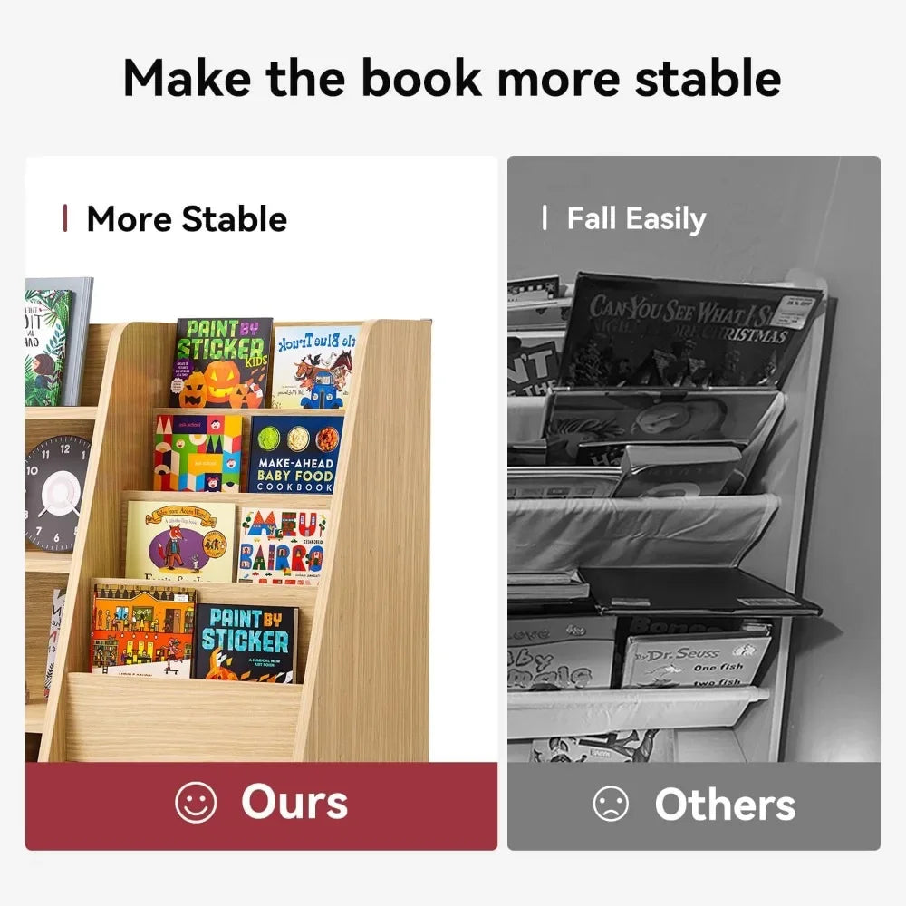 4 Tier Kids Wooden Bookshelf with Drawer, Five Layer Sling Children Bookcase, Baby Storage Book Rack, Book and Toy Orga