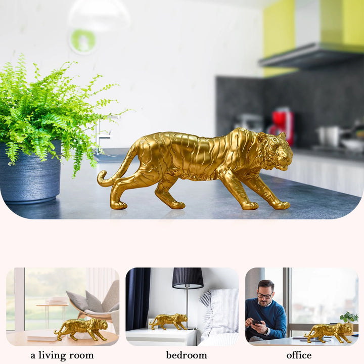 Resin Tiger Casting Animal Figurine Ornaments Gold 3D Tiger Animal Statue Christmas Gift Collectibles for Home TV Cabinet Decor