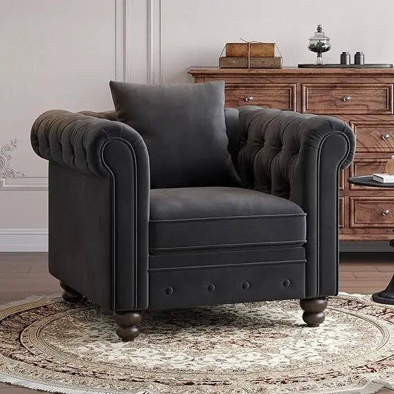 Vintage-Style Comfortable Button-Tufted Chesterfield Club Chair with Rolled Arms and Pillow for Living Room