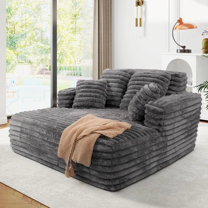 56"W Oversized Chaise Lounge Chair Indoor,Plush Faux Fur Sleeper Sofa Couch Bed with Pillows&Wide Armrest,Fluffy Comfy Cloud Sof