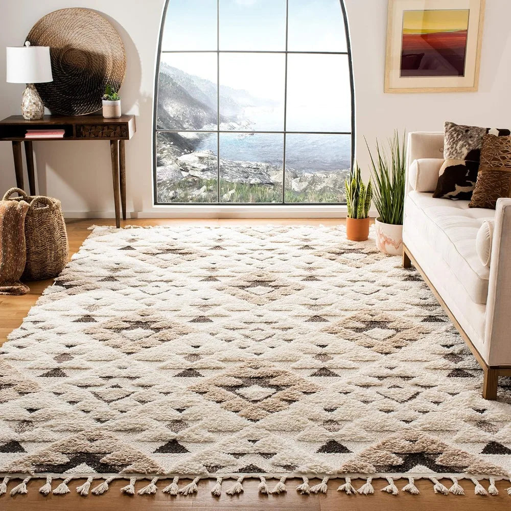 High quality - Area Rug 8x10,Moroccan Tassel Shag Collection,Large,Ivory & Brown, Boho Design, Non-Shedding & Easy Cleaning