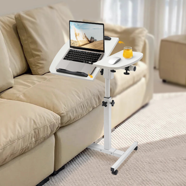 Height Adjustable White Computer Desk Stand with Wheels Adjustable Rolling Laptop Table Suitable for Bedroom, Living Room, Study