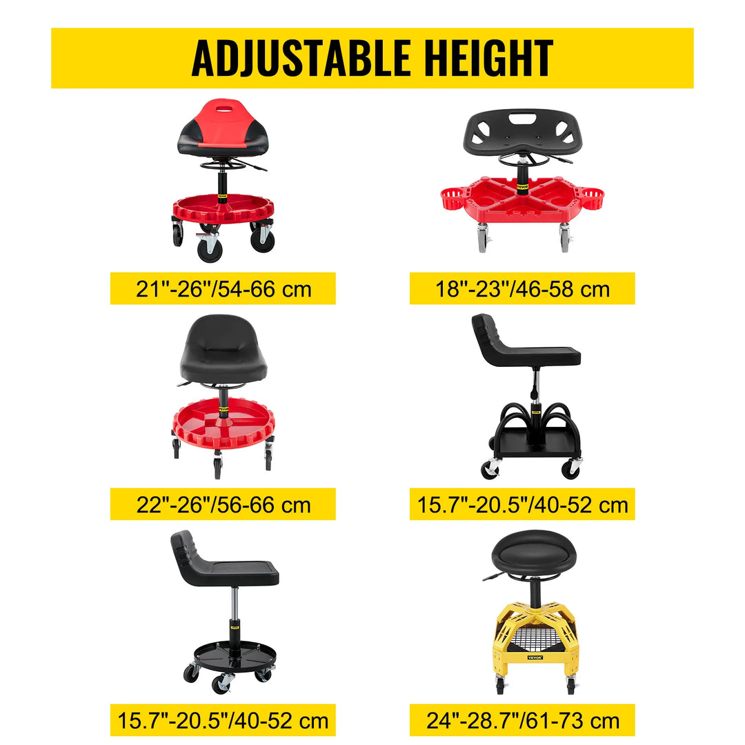 SucceBuy Rolling Garage Stool Car Detailing Stool Adjustable Height Mechanic Seat With Tool Tray Workshop Auto Repair Shop Stool