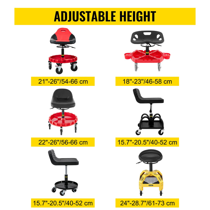 SucceBuy Rolling Garage Stool Car Detailing Stool Adjustable Height Mechanic Seat With Tool Tray Workshop Auto Repair Shop Stool