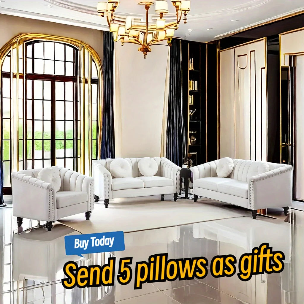3pcs Chesterfield Sofa Couches Set with 5 Pillows Modern Sofas for Living Room, Bedroom, Office Comfortable Couch Leisure Sofa