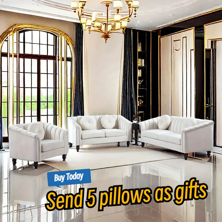 3pcs Chesterfield Sofa Couches Set with 5 Pillows Modern Sofas for Living Room, Bedroom, Office Comfortable Couch Leisure Sofa
