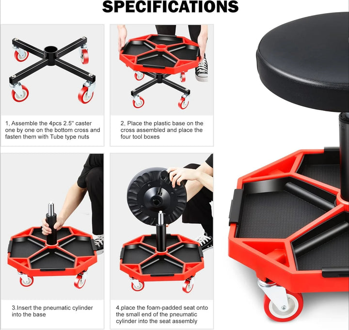 TOOLS-00253 Adjustable Height Pneumatic Garage Seat Rolling Mechanic Stool with Tool Tray Storage