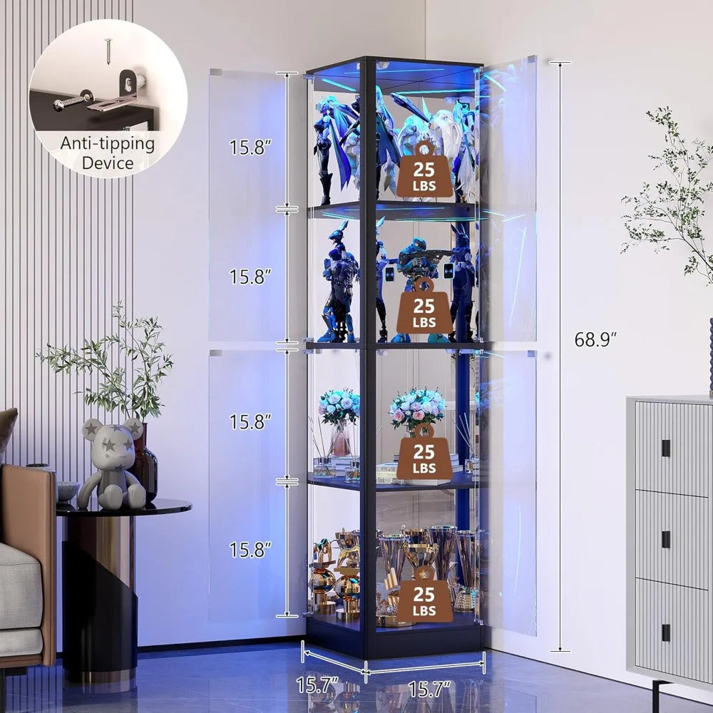 Illuminated Glass Door Display Cabinet, 68 Corner Curio Cabinet with 4-Tier Glass Shelves for Collectibles, Toys, and Books