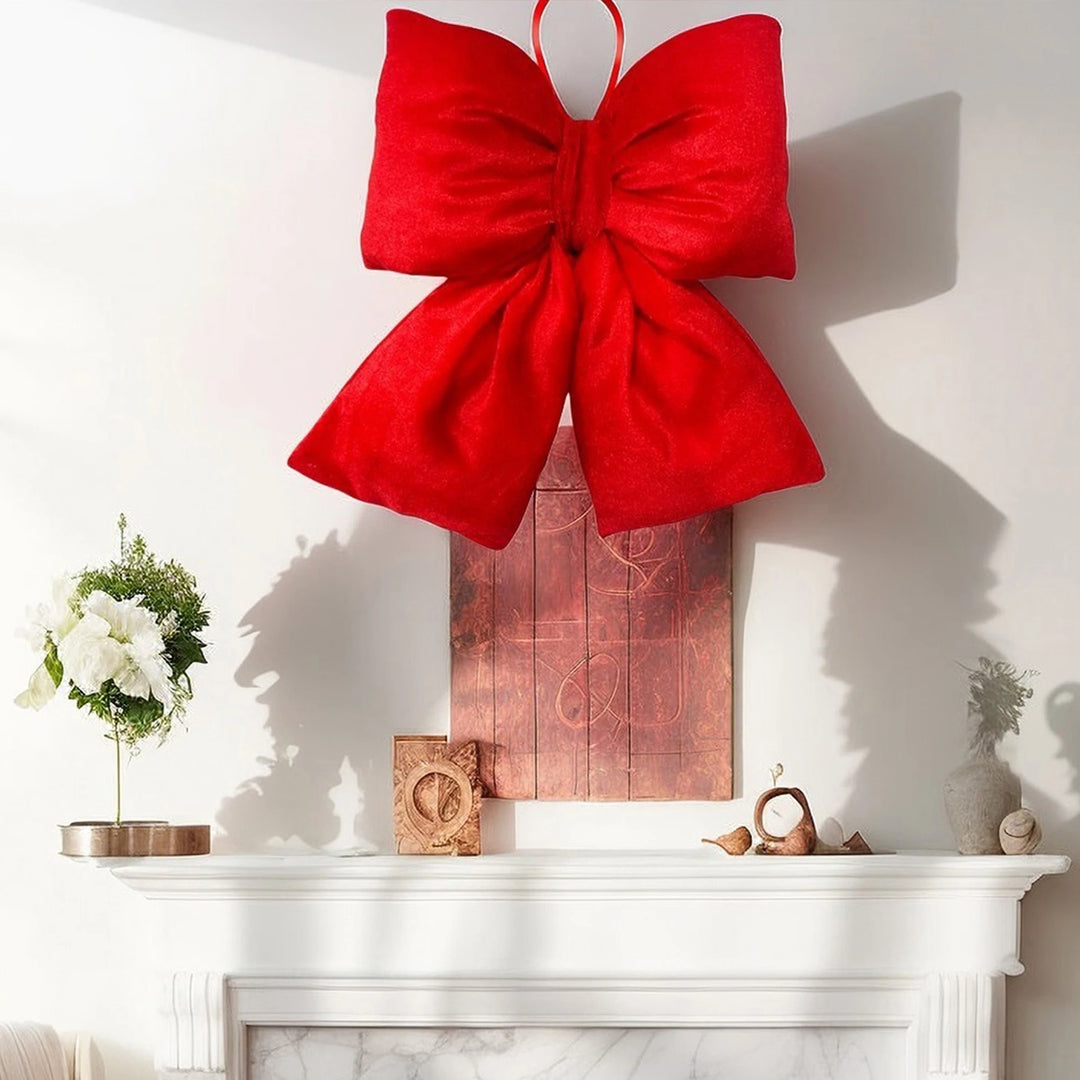 Festive Red Velvet Ribbon Bow with Sparkling Gold Trim - Elegant Holiday Tree Decoration or Gift Topper