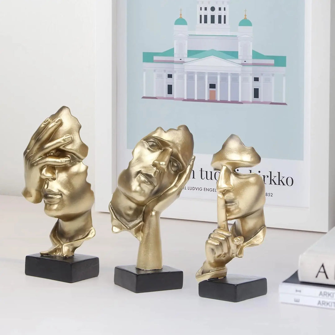 3 Pcs Thinker Statue, Silence is Abstract Art Figurine,  Modern Home Resin Sculptures Decorative Bookshelf Desktop(Gold), A-41