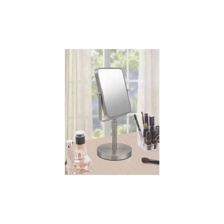 Freestanding Two Sided Makeup Shaving Mirror 1X 5X Dual Magnification Polished Metal Clear Distortion Free Perfect Precision