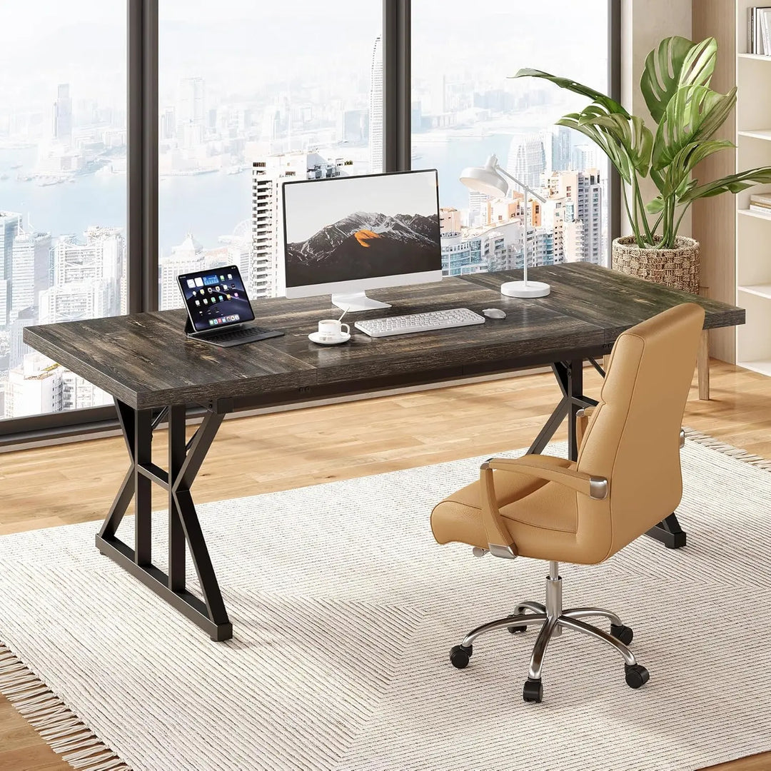 LITTLE TREE 70.8-Inch Office Desk, Executive Office Desk, Modern Work Desk, Large Farmhouse Writing Table Computer Desk for Home