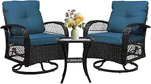 SHGJ&SOFT 3 Pieces Patio Furniture Set, Outdoor Wicker Patio Chairs with Thick Cushions and Glass Coffee Table, PE Rattan Conver