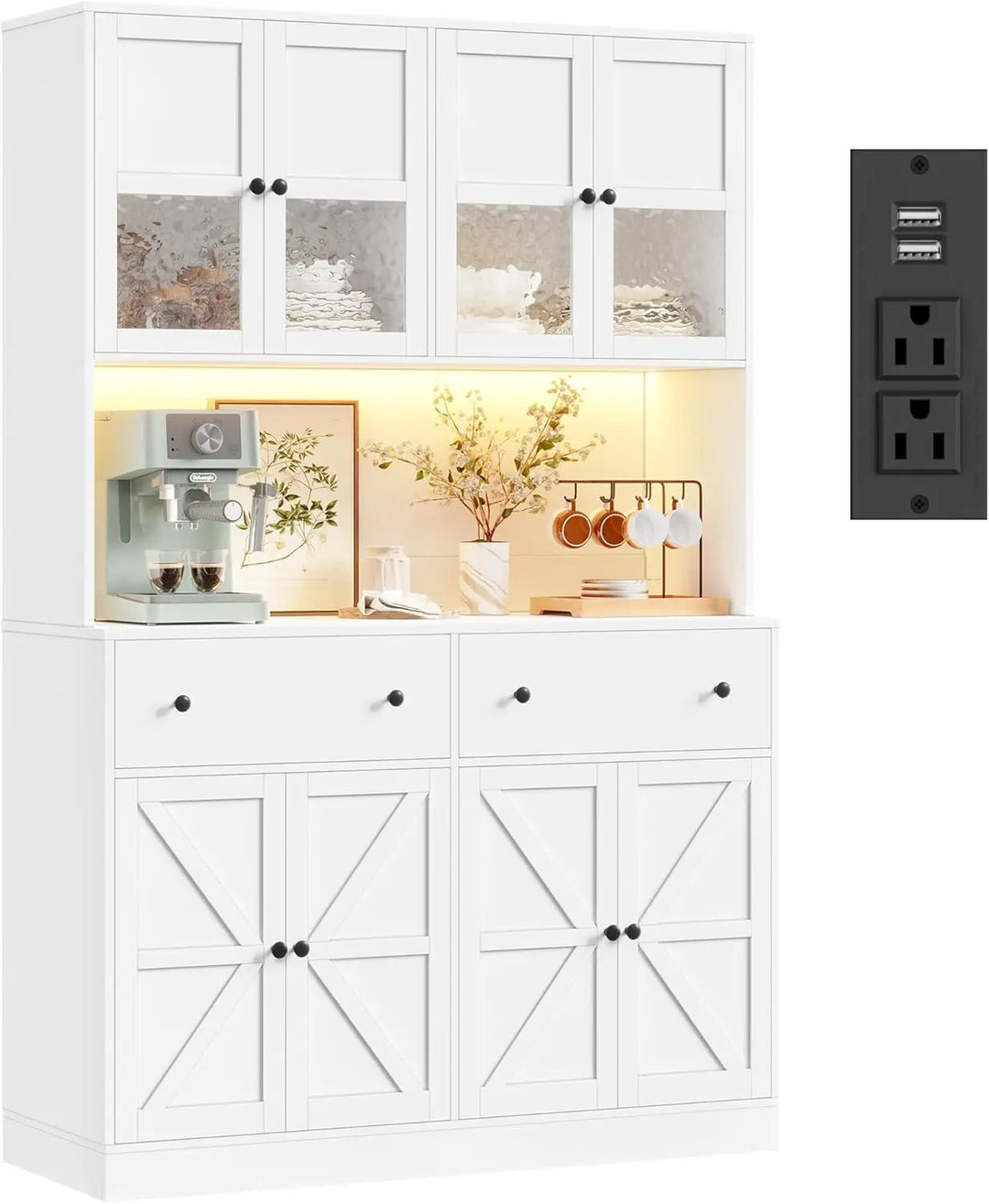 71" Pantry Cabinet with LED Light and Charging Station, Farmhouse Kitchen Pantry Cabinet with Microwave Stand, 47.2" W