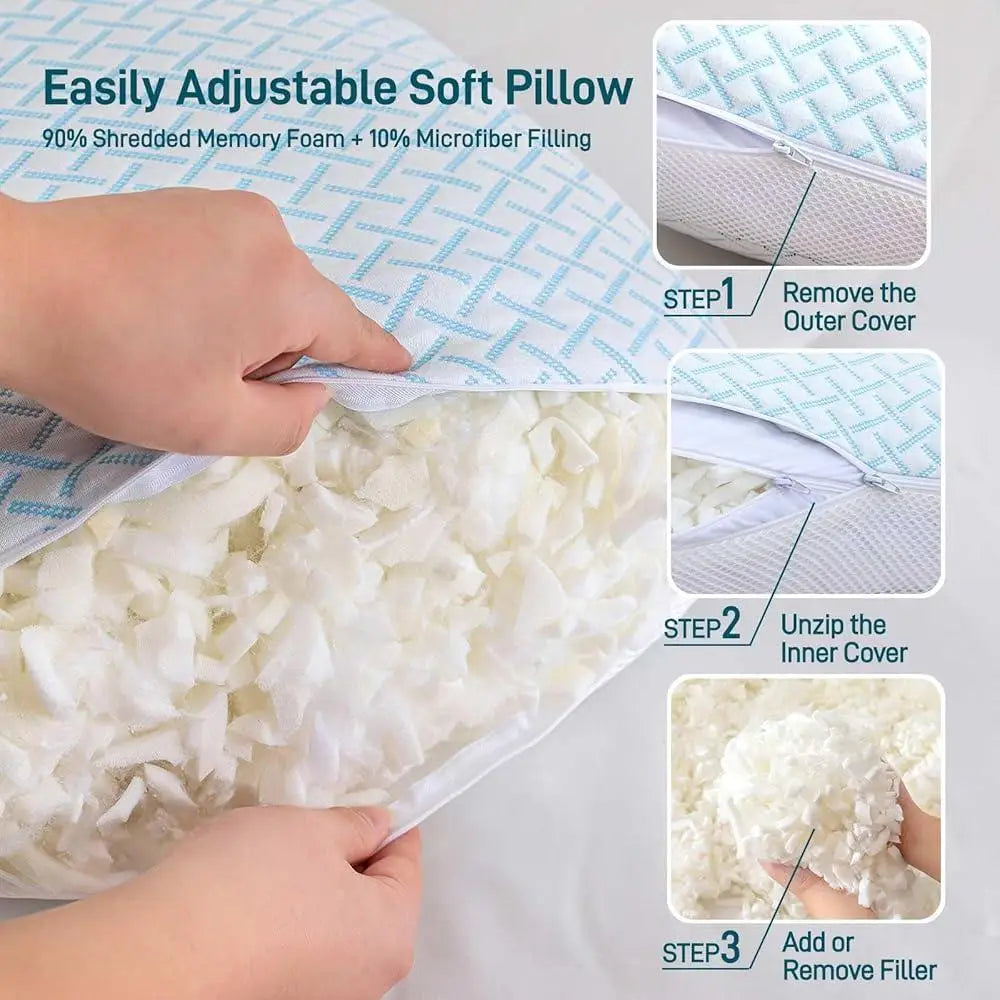 Adjustable Shredded Memory Foam Cooling Pillows Hypoallergenic Soft Plush Sleep Support Back Stomach Side Sleepers Set of 2