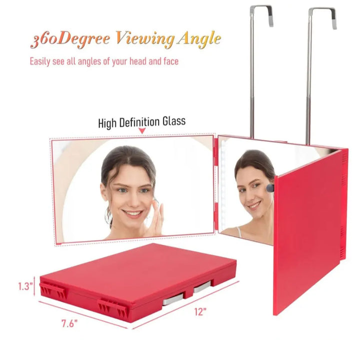 Rectangle trifold vanity mirror led lighted adjustable hair cutting  3 way salon hairstyling mirror for self hair cutting 360