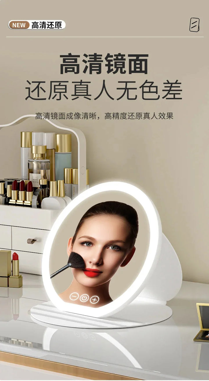 3 Colors Dimmable LED Makeup Mirror With Touch Screen Fold Cosmetic Makeup Mirror Rechargeable Tabletop For Travel & Home Use
