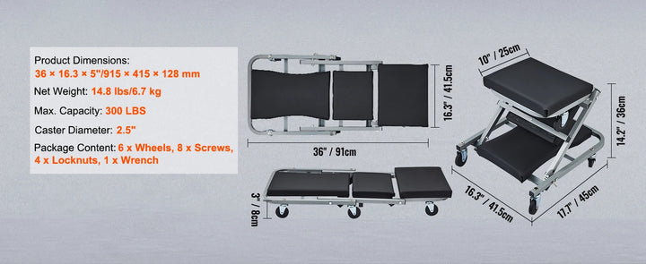 SucceBuy Z-Creeper Seat 2 in 1 Rolling Folding Car Creeper/Stool Low Profile  with 6 pcs Wheels for Garage Shop Auto Repair