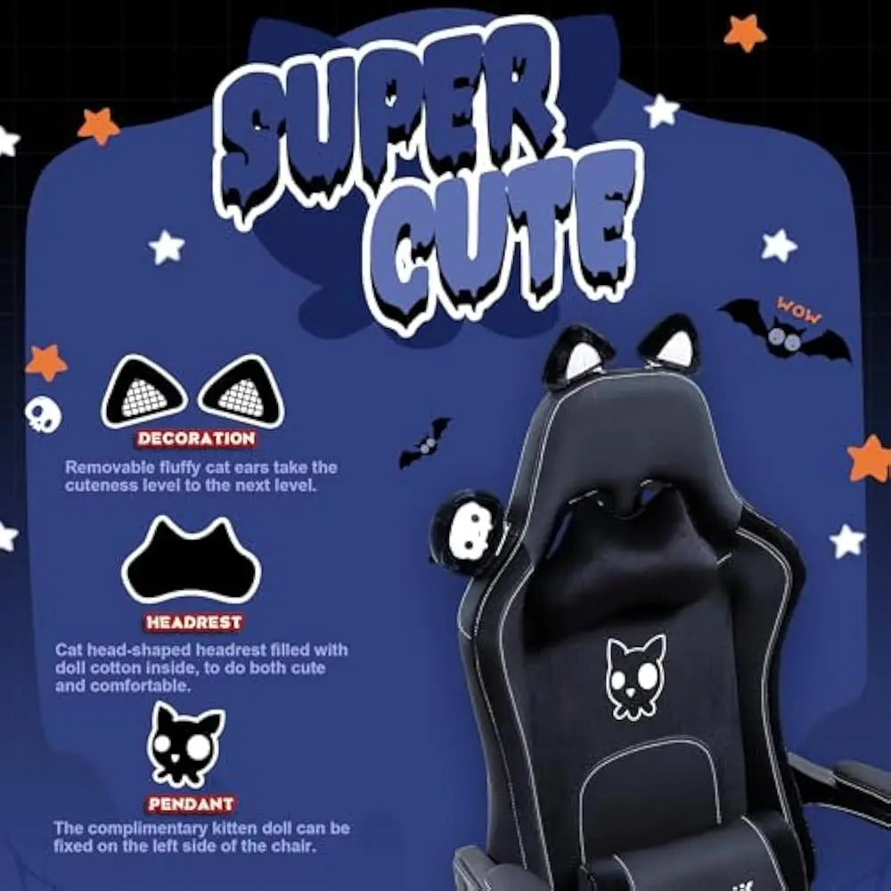 Gaming Chair Cute with Cat Ears and Massage Lumbar Support, Ergonomic Computer Chairs with Footrest and Headrest, Gaming Chair