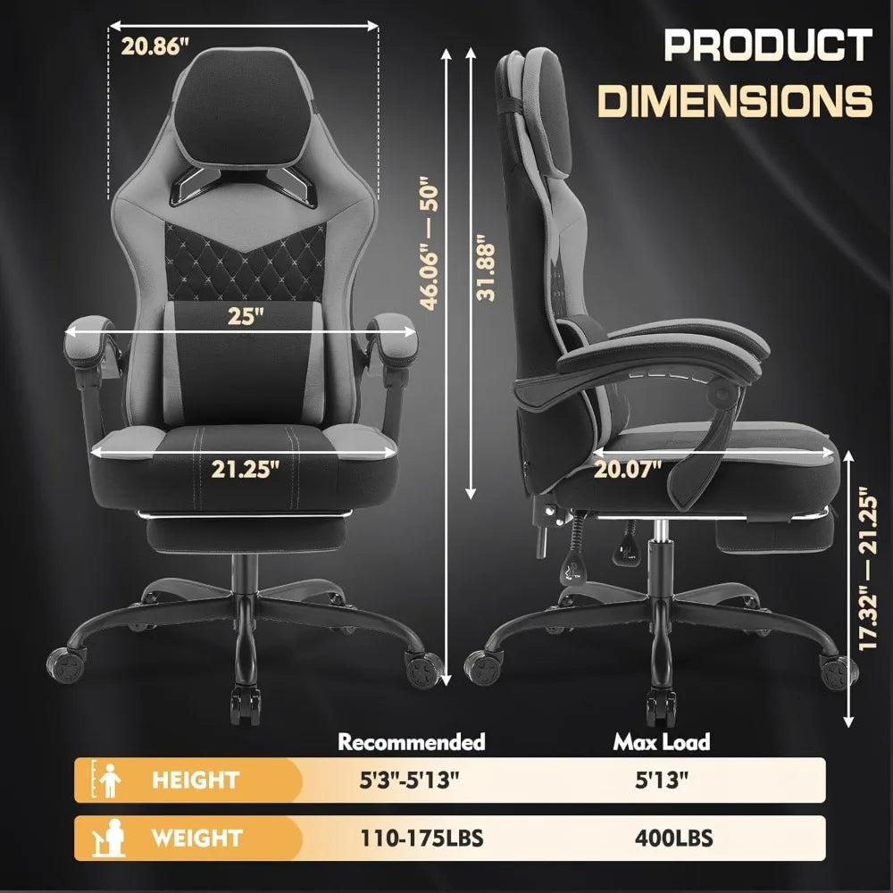 400lbs Breathable Fabric Big and Tall Gaming Chair with Massage and Foot Rest,Gamer Chairs for Adults with Pocket Spring