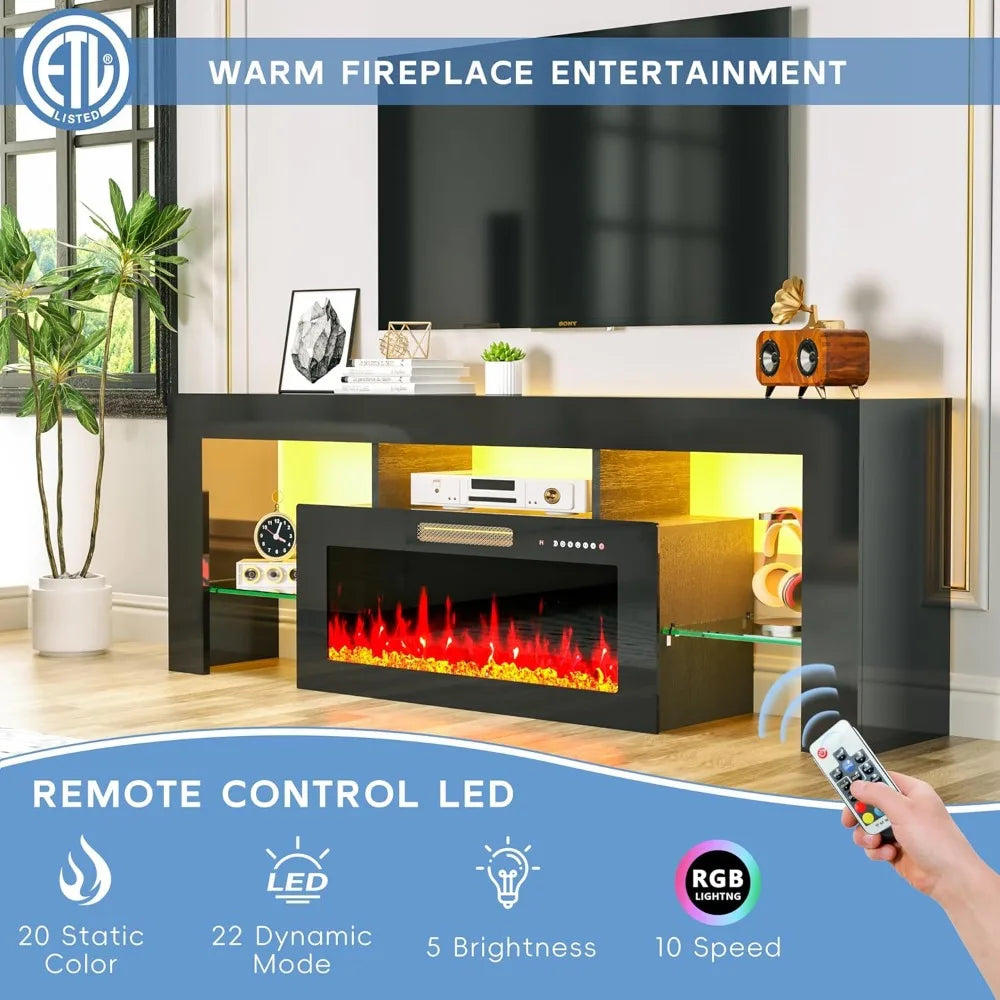70" Fireplace TV Stand for TVs Up to 75", High Gloss Entertainment Center with 36" Electric Fireplace Heater, 7 Color LED Strip