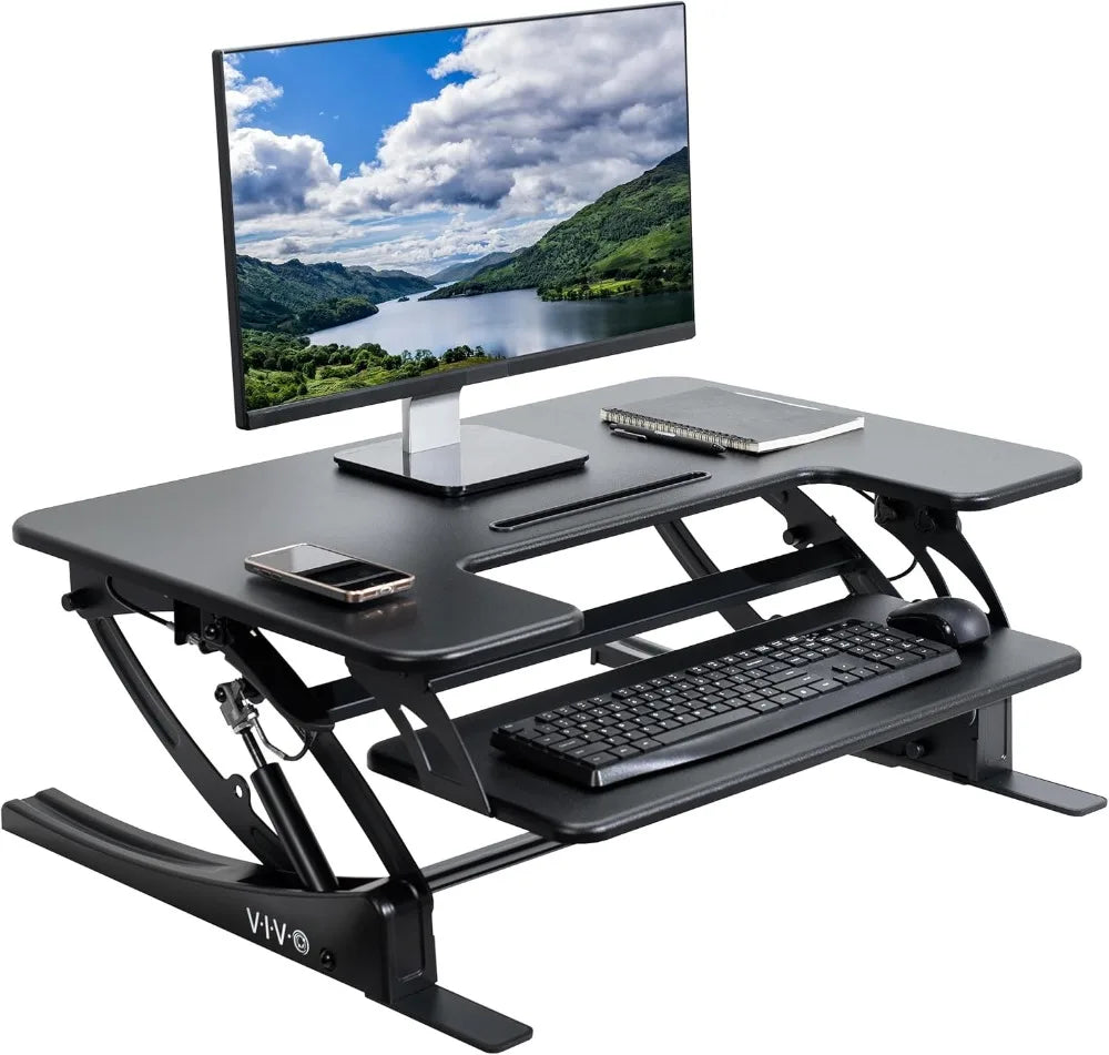 32 Inch Height Adjustable Stand Up Desk Converter, Dual Monitor Riser Workstation with Keyboard Tray, Black