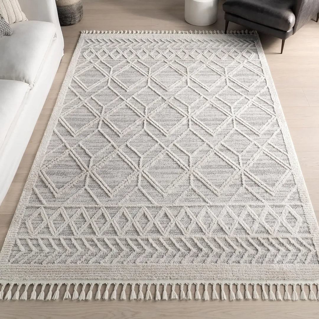 8x11 Ansley Moroccan Tassel Area Rug, Light Grey, High-Low Textured Bohemian Design, Plush High Pile, Stain Resistant